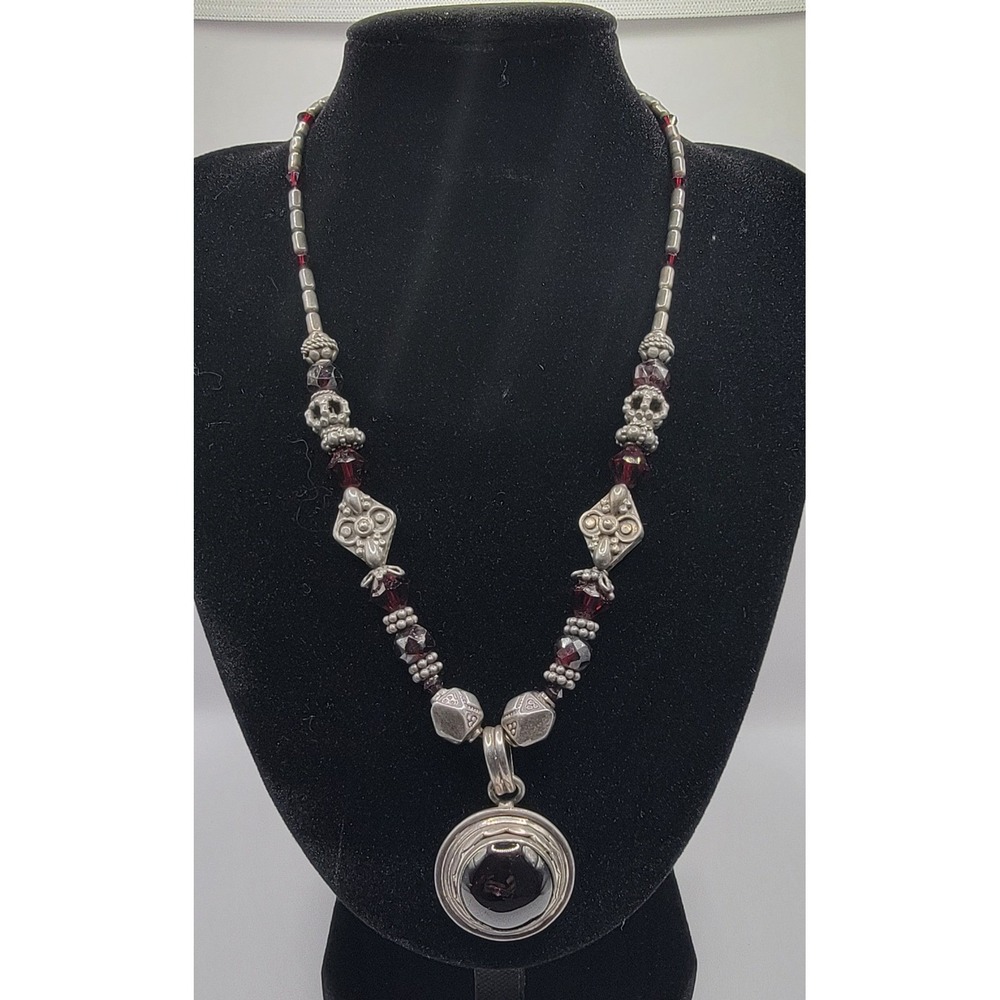 Vintage Sterling Silver 925 Garnet Cabochon Toggle Necklace Bali Style Red Beads
